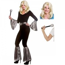 Adult 5-Piece Silver Mamma Mia Accessory Set + Wig +Mic Waterloo 70s Fancy Dress