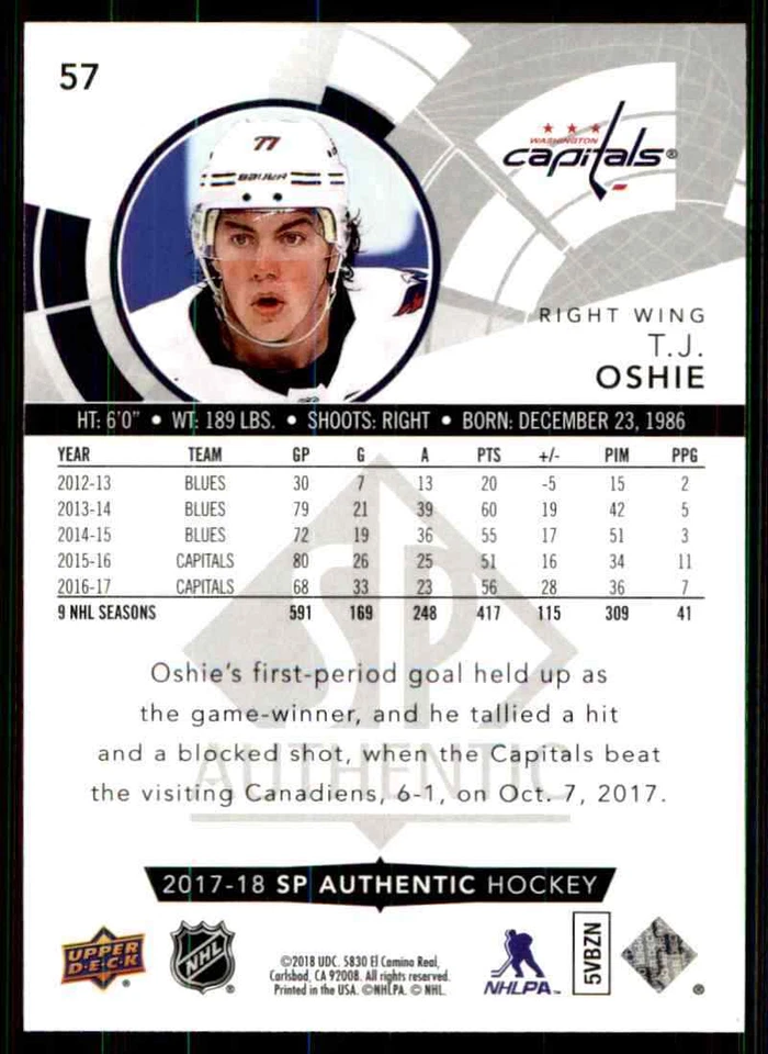 2017-18 Upper Deck SP Authentic T.J. Oshie #57 - Image 2 of 2