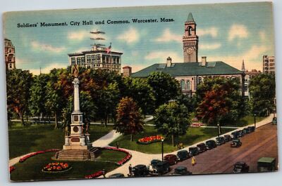 Soldiers Monument City Hall Old Cars Worcester MA Mass Vintage Linen Postcard B3