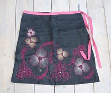 Women's Handmade MUDD WATER Embroidered Midnight 100% Linen A-Line Skirt UK 18