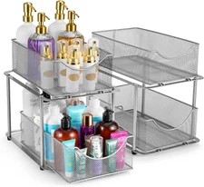 2 Sets of 2 Tier Metal under Sink Organizer for Bathroom, Kitchen, Strong Steel