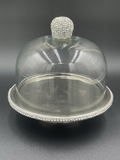 Silver Cake Stand Crystal Jeweled Rhinestone Glass Dome Cover Dessert Server