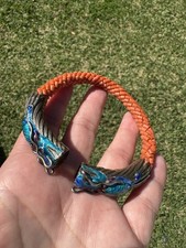 XFINE ANTIQUE CHINESE WOVEN SALMON CORAL BEAD STERLING ENAMEL DRAGON BRACELET