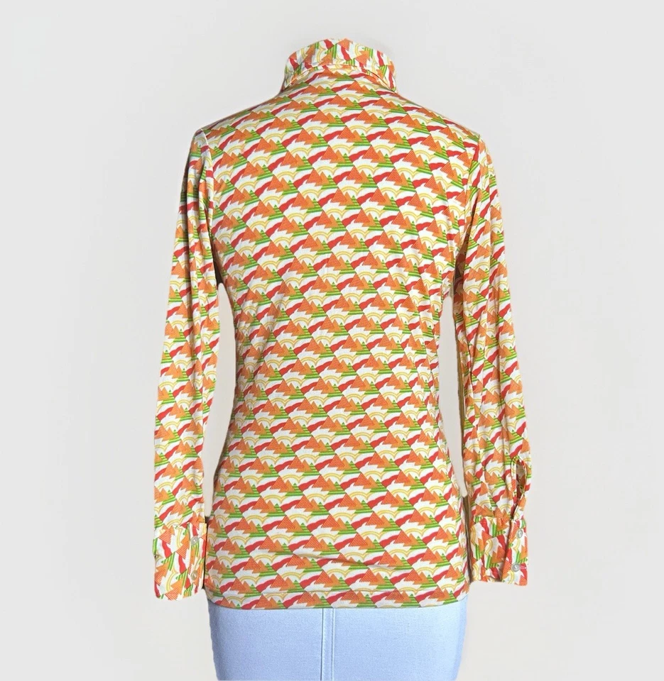 Camisa vintage años 70 naranja abotonada para mujer XS geométrica poliéster cuello en punta Foto 2 de 4
