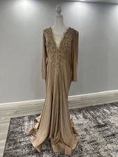 Beige Embroidered Bodycon Plain V-Neck Backless Stretchy Dress