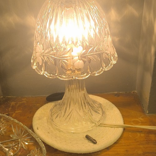 Clear Cut Glass Floral Table Lamp with Bell Shade and Etched Floral Pattern