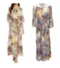 Nine West Women’s Off Shoulder Sand Dune Tie Waist Maxi Dress 6 Cream Multicolor