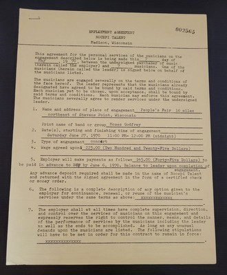 1970 Moses Godfrey Rock Festival Music Contract People's Fair Wisconsin Signed