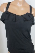 LANDS END Black Tummy Control Ruffle Tankini Swimsuit Top Womens 8 NEW