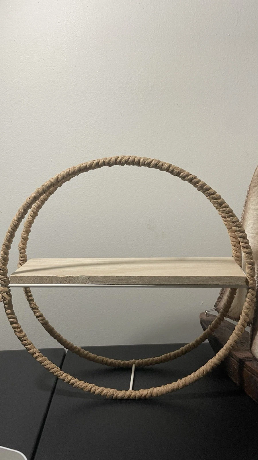 Round Rope Ring Wall Mounted Shelf, Wood Base, Beige Light Wood, 12x12x6"