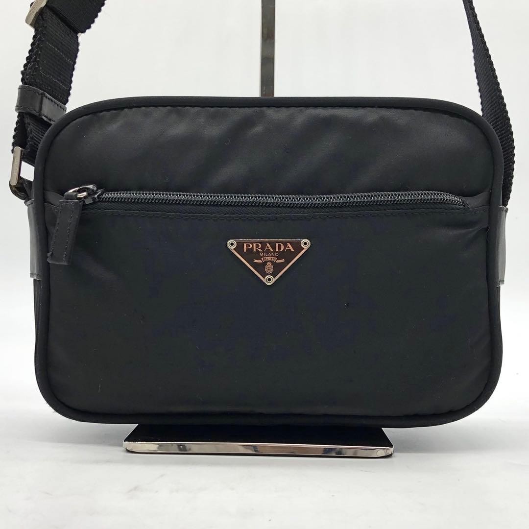 PRADA Shoulder Bag Triangle Logo Plate Silver Hardware Nylon Leather Black thumbnail 2