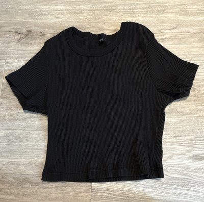 UNIQLO Damen Ripp T-Shirt Schwarz S Basic Kurzarm Rundhals Pullover