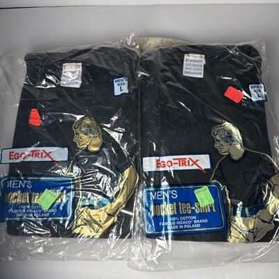 2 PK Vintage Ego-Trix Mens Pocket T Shirt LG Black New 100% Cotton NOS
