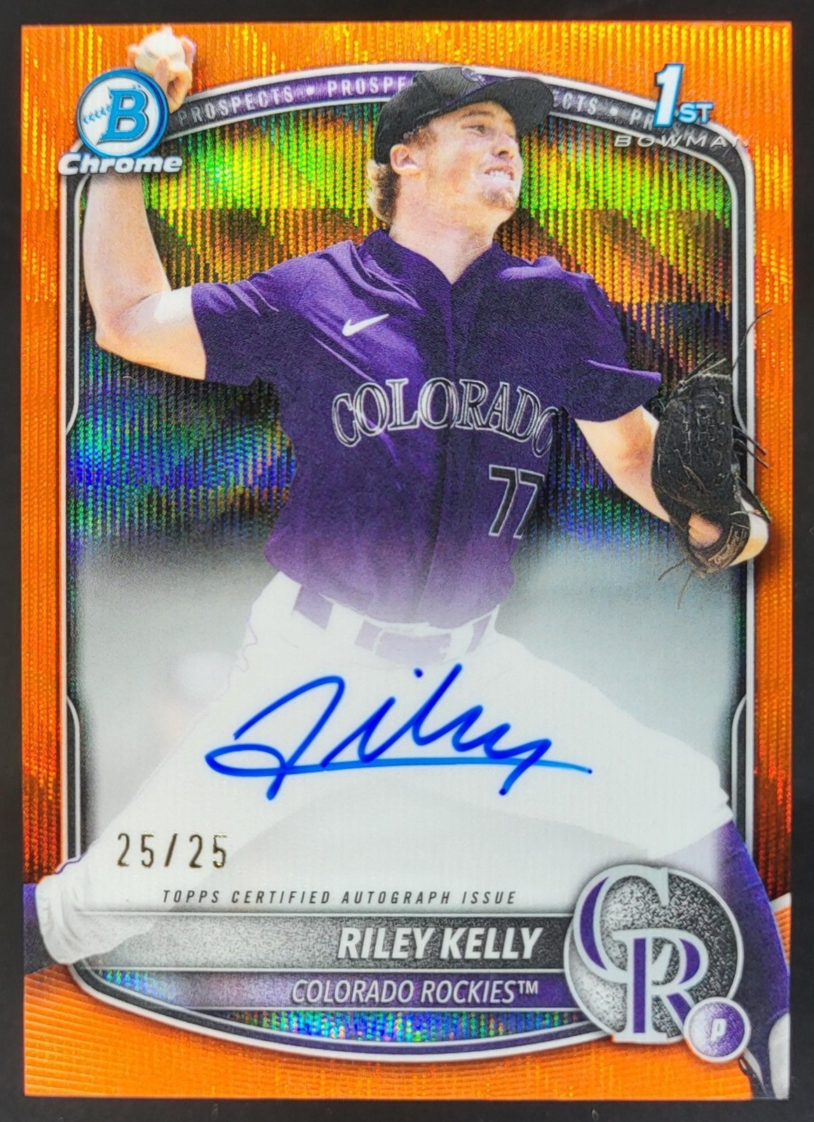 2025 Bowman Draft Riley Kelly Chrome Auto Orange Wave Refractor /25 Rockies AP2