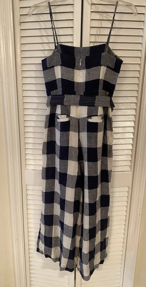 J. Mono Crew Lino Azul Blanco Pierna Ancha Talla 0 CottageCore Playa Cinturón Orgánico Foto 2 de 4