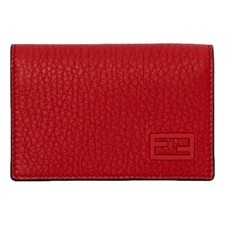 Fendi Red Grained Leather Baguette Logo Card Case Wallet NEW
