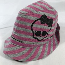 Monster High Pink Grey Stripped Black Skull Bow Fedora Teen Hat Cap M/L Bucket