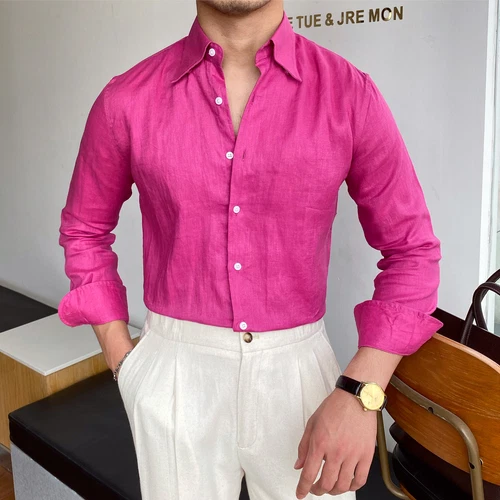 Camicie uomo inglesi 100% lino casual camicia abbottonata business maniche lunghe top - Foto 5 di 18