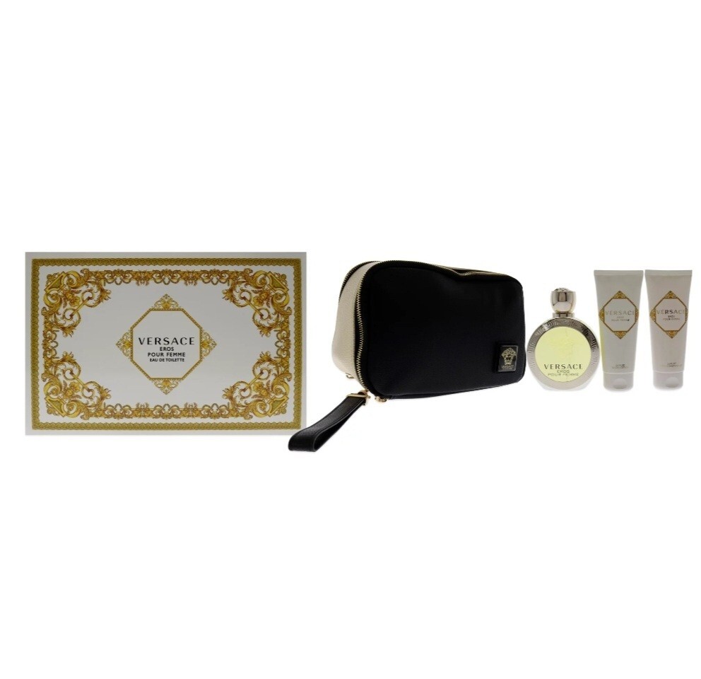 Versace Eros Pour Femme Women 4pcs G Set Natural Spray3.4oz SG 3.4oz BL 3.4+bag