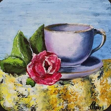 Original Still Life Painting Tea Cup and Red Rose Fine Art Home Decor
