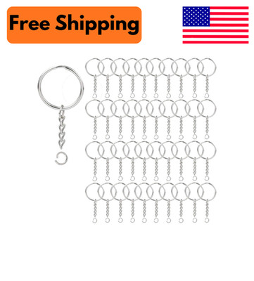 100 Pack 1  Key Rings with Chain & Open Jump Ring Split Round Keychain Bulk New