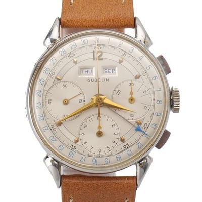 Gubelin Chronograph 72C Watch Stainless Horned Lug Original Dial Running 34.5mm