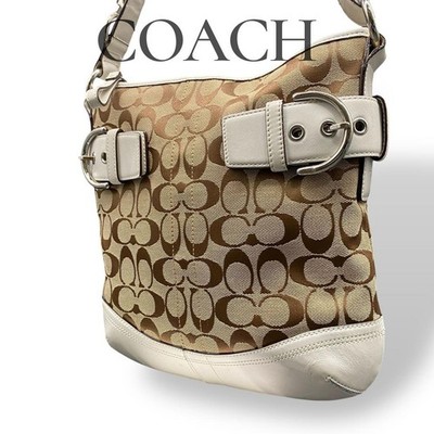 COACH Soho Signature Canvas Leather White Crossbody Women's Shoulder Bag Auth