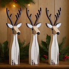 3 Pcs Rustic Christmas Table Decorations, Wooden Reindeer Figurines