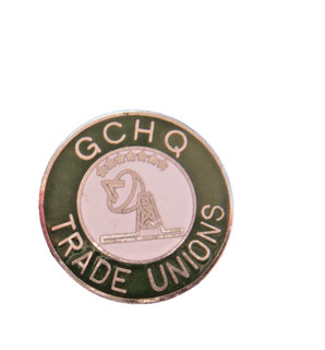 GCHQ Trade Union Campaign green enamel badge Government Communications HQ