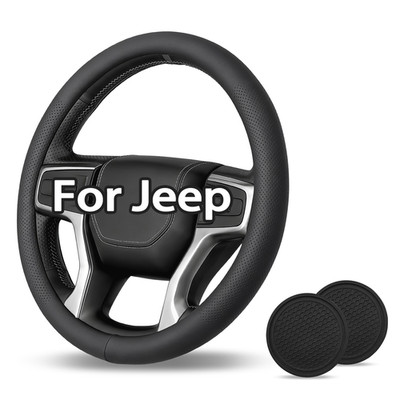 15'' steering wheel cover with Car coasters Genuine Leather for 1999-2023 Jeep