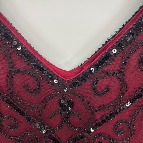 Womens Flapper Dress Burgundy Black Beaded Fringe V Neck Short Sleeve Gatsby - Picture 11 of 23