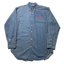 Vintage 90s Planet Hollywood Button Up T-Shirt Men’s Medium Blue Denim USA Made