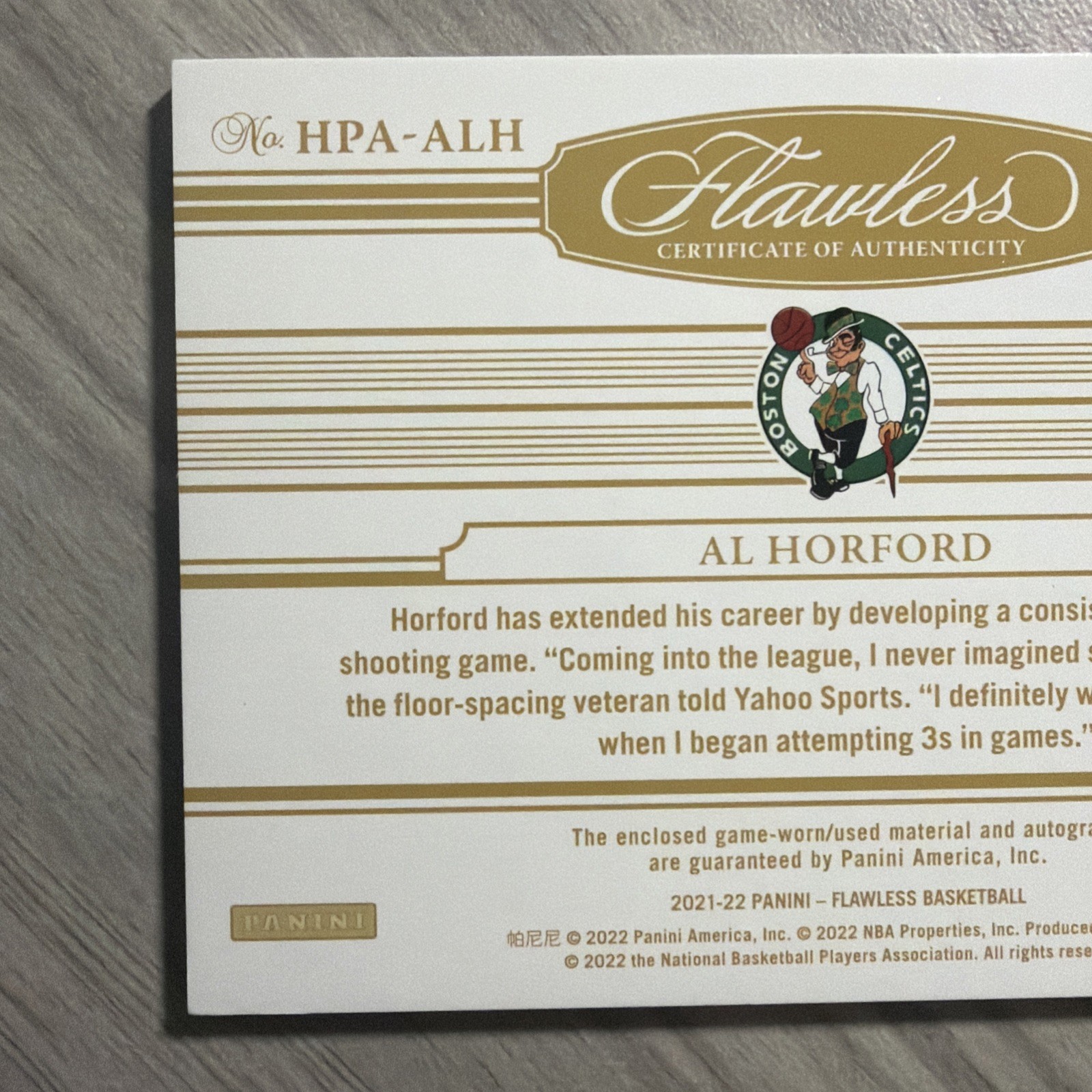 2021-22 Panini Flawless Al Horford Celtics Game Worn Patch On Card Auto Gold /10 view 1