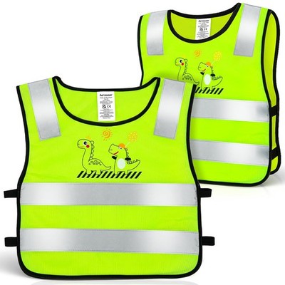 2 Pack Kids High Visibility Vest with Dinosaur Motif, 360° High Visibility, Warning Wes...