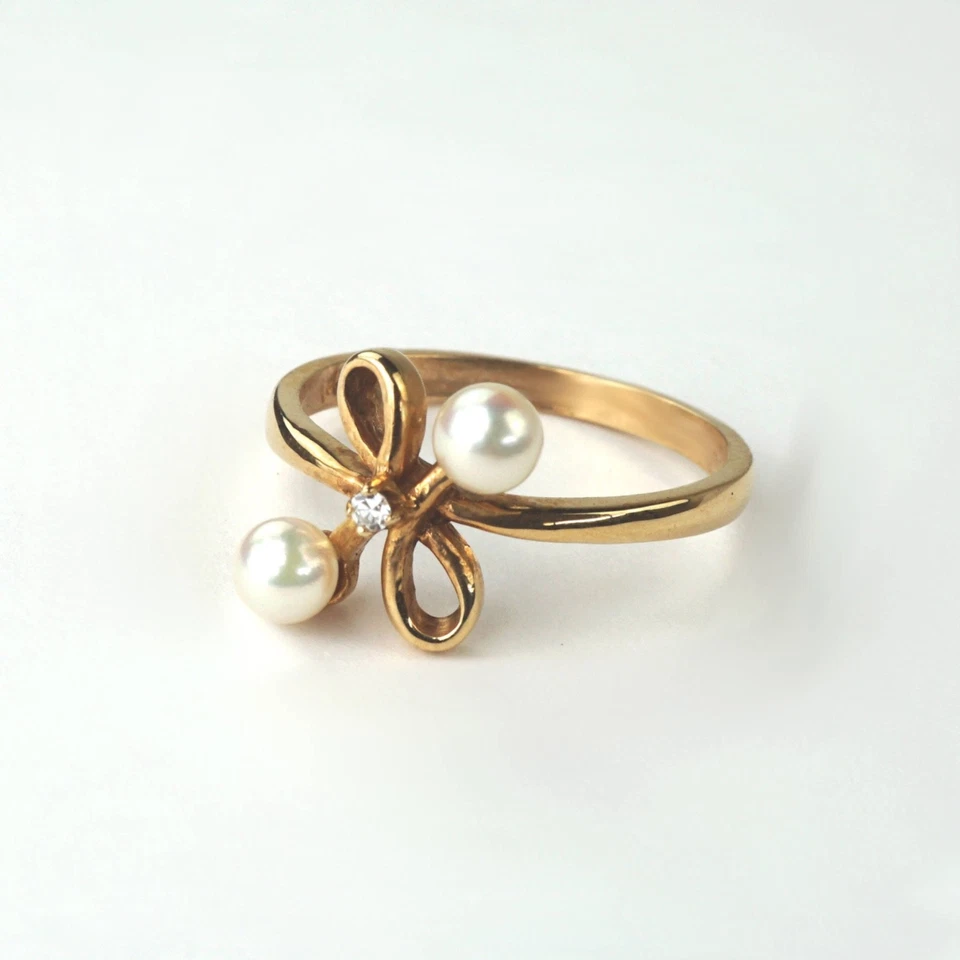 14K Solid Gold Pearl Diamond Bow Ring, Cultured Japanese Pearl, 3.8 mm, Size 5.5 - Image 4 of 4