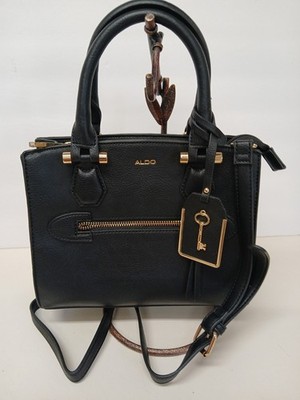 Women's Aldo Black Pebbled Satchel Key Charm Gold Hardware Top Handle Medium