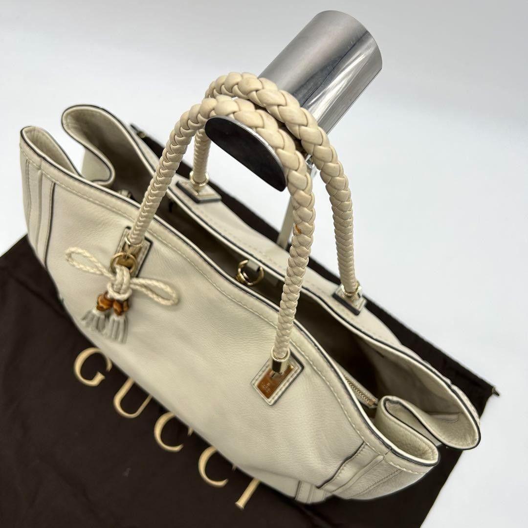Gucci Bella Bamboo Tote Bag Shoulder Bag Ribbon Braided Leather Ivory Authentic thumbnail 9