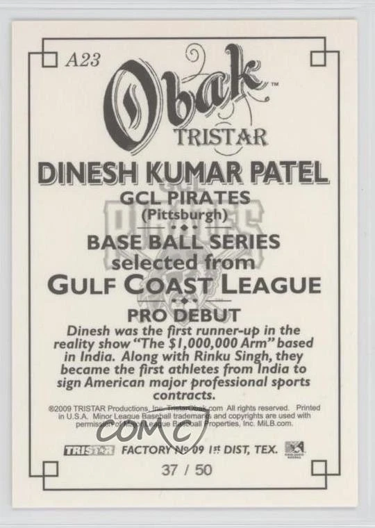 2009 TRISTAR Obak Auto Black /50 Dinesh Patel #A23 Auto - Image 2 of 2