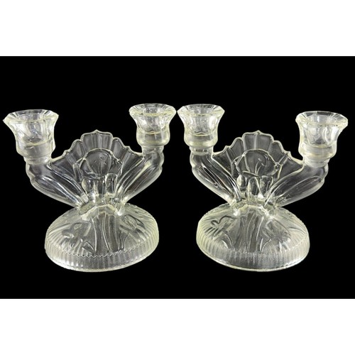 Vintage Clear Glass Double Candlestick Holders Set Of 2 Iris & Herringbone - Picture 14 of 19