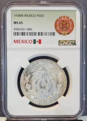 1938 MEXICO SILVER 1 PESO NGC MS 65 GEM BU SMOOTH FROSTY LUSTER BEAUTIFUL COIN