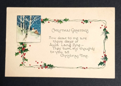 Christmas Greetings Scenic View Holly Auld Lang Syne Gibson Postcard c1920s