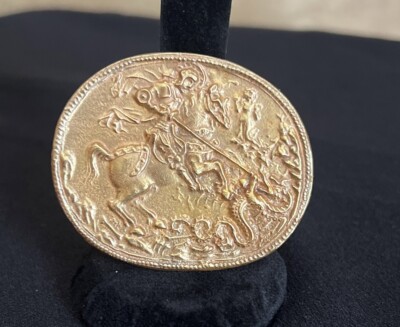 Vintage St George Slaying the Dragon Gold Medallion Brooch Alva Museum Replicas