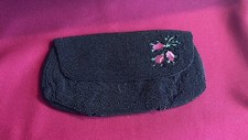 Vintage Seed Bead Hand Beaded and Floral Embroidery Black Purse Flowers