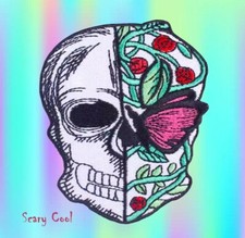 New Skull Flowers Vines Butterfly Iron On Horror Embroidered Gothic Biker Patch