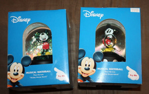 Mickey Mouse Musical 6" Snow Globes with Floating Mickey Heads, Set of 2, NIOB
