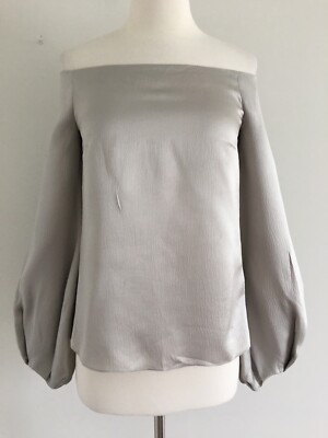 MARINA MOSCONE GRAY SILVER OFF SHOULDER SILK LONG SLEEVE TOP SIZE 0 MADE IN USA