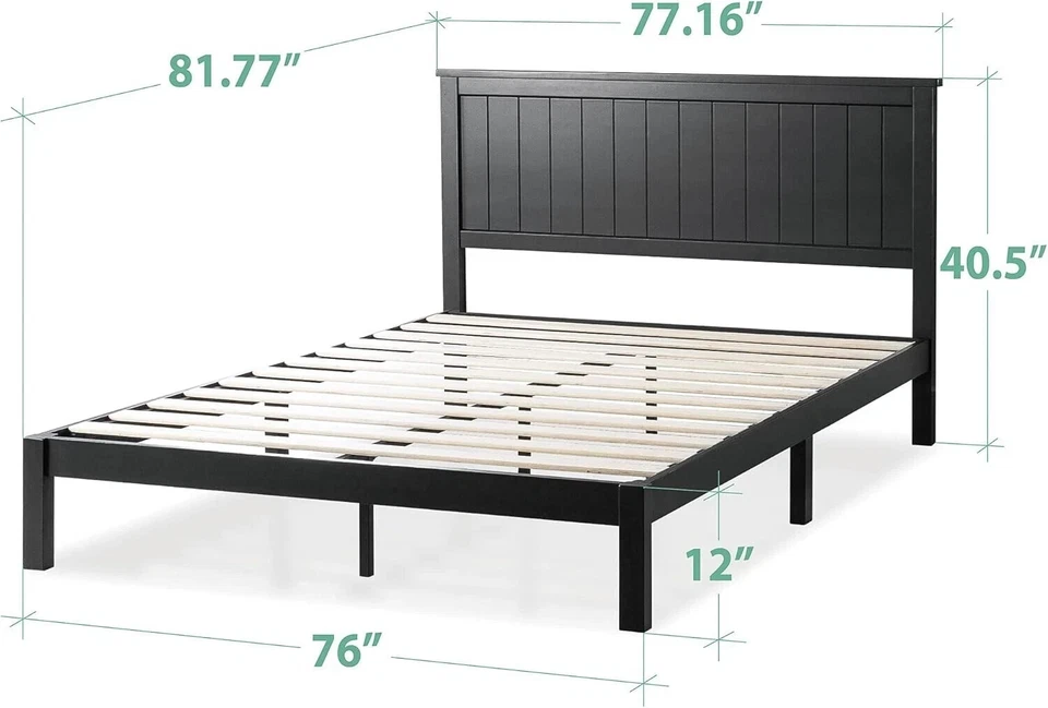 King Size Bed Solid Wood Headboard Platform Mid Century Modern Farmhouse Sleek - Image 3 of 4