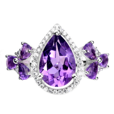925 Sterlingsilber Ring Birne Amethyst 12x8mm Natürlicher Edelstein Schmuck