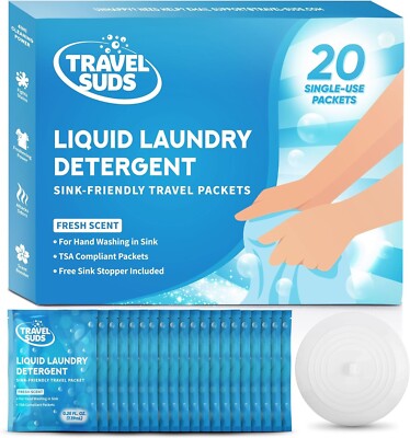 Travel Suds Liquid Laundry Detergent - TSA Compliant - Fresh Scent - 20 count