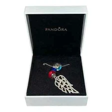 Pandora Sterling Silver Angel Wing Neckace and Beads Retired EUC 